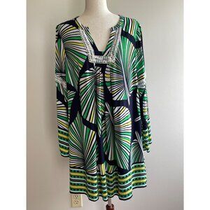 Crown & Ivy Palm Print Shift Dress Womens L Green/Navy Bell Sleeve 100% Rayon